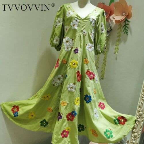 TVVOVVIN Appliques Autumn Embroidery Big Swing Puff Sleeve Dress Sexy Back V-neck A Line Green Color Dress Women QDRU