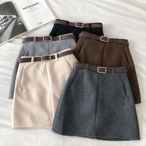 Autumn Winter Casual Skirt Women Office Lady Cute Above Knee A-Line High Waist Korean Sweet Solid Mini Women Skirt Belt