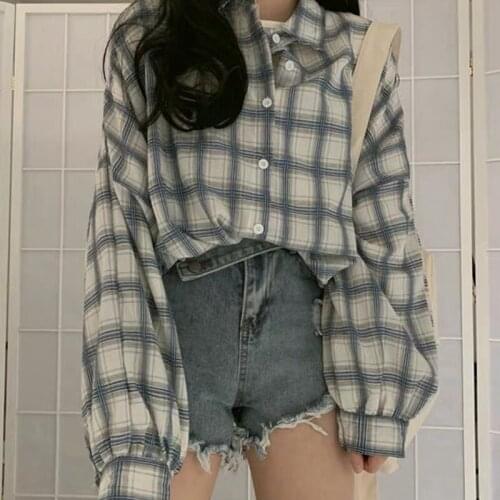 Autumn Women Plaid Shirt Vintage Chic Oversized Lantern Sleeve Vintage Turn Down Collar Casual Harajuku Button Up Loose Tops2021
