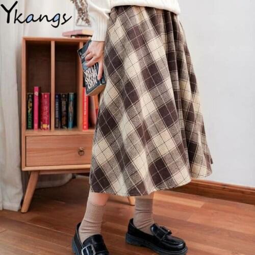 New Japanese Harajuku Autumn Winter Women Midi Skirt High Waist Plaid Female Saias Korean Ulzzang Streetwear Elegant Long Skirts