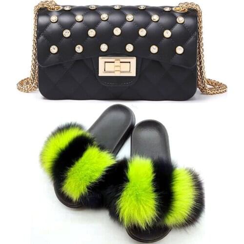 Women Jelly Bag Fur Slippers Suit Shiny Diamond Bag Fluffy Fur Slides Set Ladies Plush Furry Fur Beach Flip Flops Purse Match