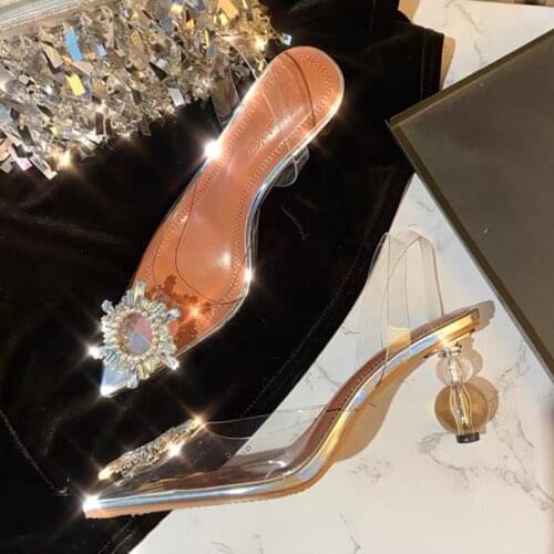Ins Wind Luxury Famous Pointed Crystal Sandals Female 2021 Summer Sun Buckle Rhinestone Heel Shoes Transparent Womens Shoes