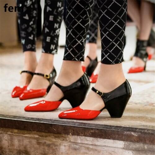 Women Shoes Sweety Mixed Color Pointed Toe Luxury Pumps New Brand Designer Spike Heels Chunky Cover Toe Lady D’Orsay Buckle Shoe