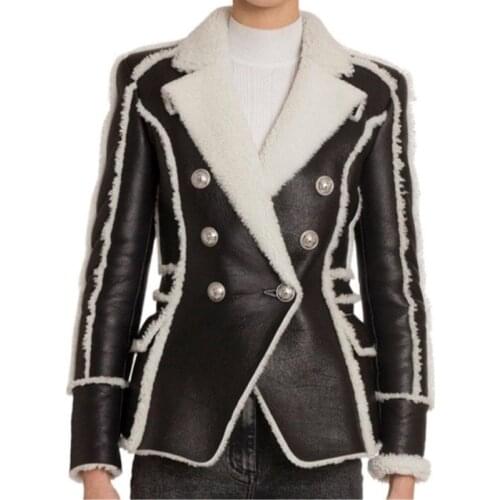 HIGH STREET 2020 Stylish Designer Jacket Womens Double Breasted Lion Buttons Faux Fur Leather Blazer Coat