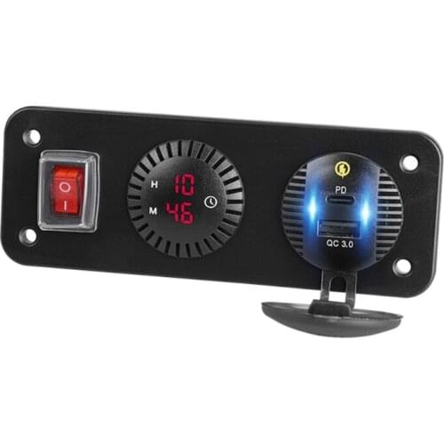 12V Car QC3.0 USB Type C PD Charger LED Digital Clock with ON OFF Switch Cable