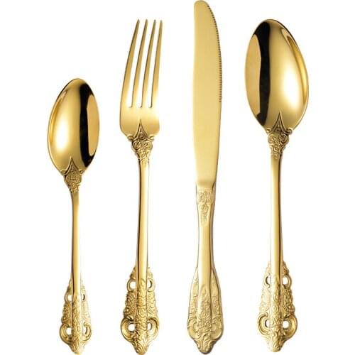 4Sets Flatware Vintage Spoon Knife Gold TeaSpoon Fork Royal Palace Retro Carved Silverware Cutlery Stainless Steel Tableware Set