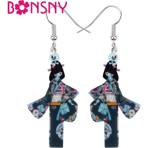 Bonsny Acrylic Sweet Japan Cartoon Kimono Girl Doll Earrings Long Drop Dangle Trendy Gifts Unique Jewelry For Women Girl Charm