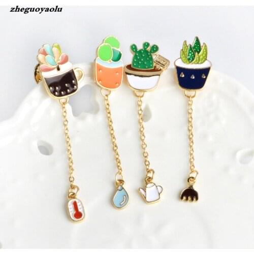 New Fashion Metal Brooch Pins Chain Drip Pin Badge Clothes Pins Lovely Green Cactus Bonsai Plants Enamel Girl Brooch