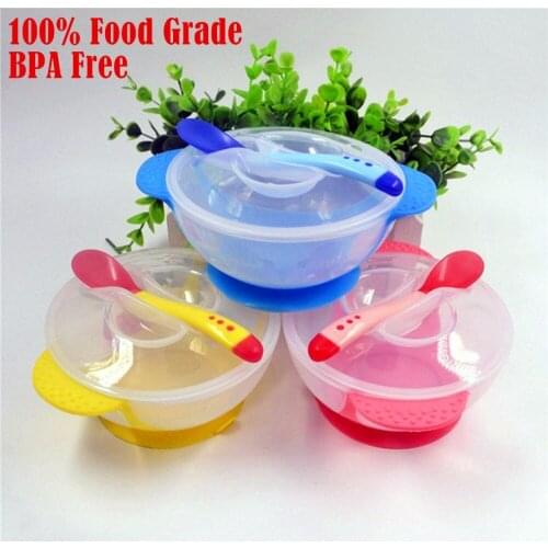 Toddler Baby Kids Feeding Lid Training Bowl with Temperature Sensing Spoon Suction Spoon Baby Feeding Tableware Sucker Bowl Set