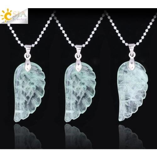 CSJA Green Fluorite Jewelry Natural Stone Carved Angel Wing Pendant Necklaces for Men Women Fashion Jewellery Lover Gift F295