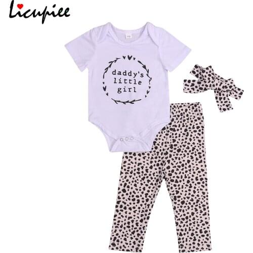 0-24 Months Letter 3pcs Baby Girls Outfit Letter Printing Short Sleeve Round Collar Romper + Leopard Print Long Pants + Headwear