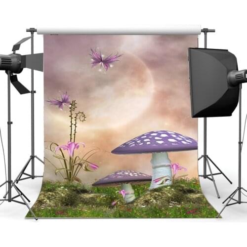 Photography Backdrop Dreamy Fairytale Mushroom Flowers Grass Field Butterfly Fantasy Backdrops