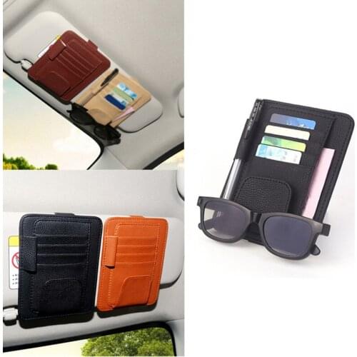 PU Leather Car Glasses Storage Clip Credit Card Bill Organizer Package Portable Ticket Pen Bag Automobile Storage Accessories