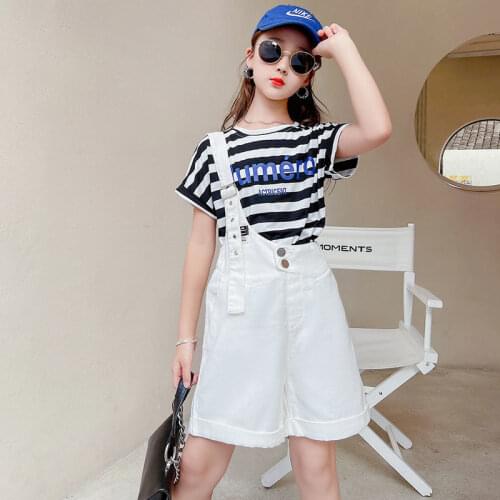 2021 Summer Children Girls Clothes 2PCS Set Stripe T shirt + Shorts Overalls Jumpsuit For Girl Kids 6 8 9 10 11 12 14 Years