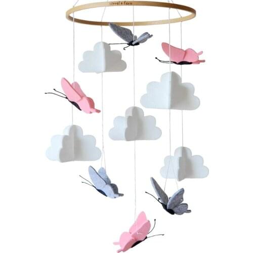 Crib Mobile Butterflies in The Clouds Grey and Pink Baby Ceiling Nursery Decor