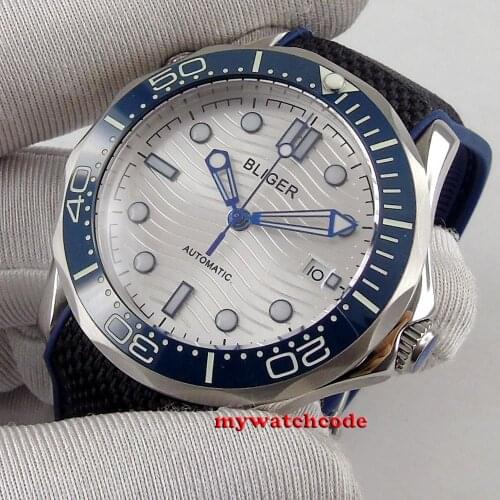 41mm bliger white dial luminous marks blue ceramic bezel deployment clasp sapphire glass date automatic mens watch B230