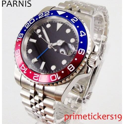 40mm PARNIS black sterile dial blue red ceramic bezel date sapphire glass GMT automatic movement mens watch PA1079