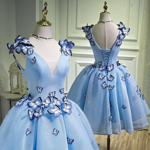 New Fashion 2021 V Neck Blue Cocktail Dresses with Butterflies Applique Short Party Ball Gown Vestidos