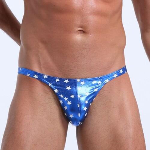 New Men Briefs Sexy Artificial leather Star Print Underpant Cueca Masculina Sexy U Convex Size Thongs Sexy Men Bikini
