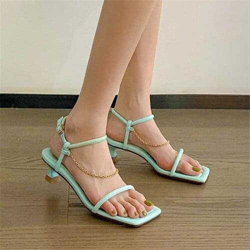 PXELENA Genuine Leather Chain Sandals Women Green White Kitten Heels Ankle Strap Shoes Lady Party Show Dress Work Daily Shoes OL
