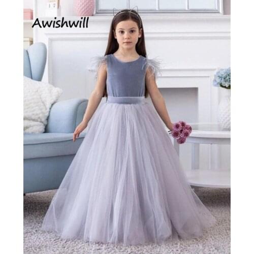 Real Image A-line Velvet Tulle Flower Girls Prom Dresses