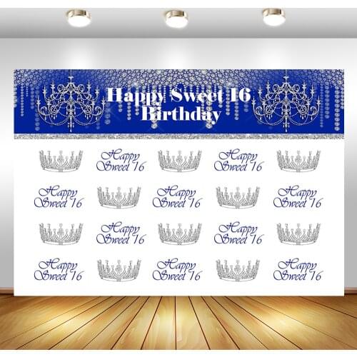 Happy Sweet 16 Birthday Photography Background Repeat Steps Silver Crown Backdrop Sixteenth Birthday Party Blue Photo Background