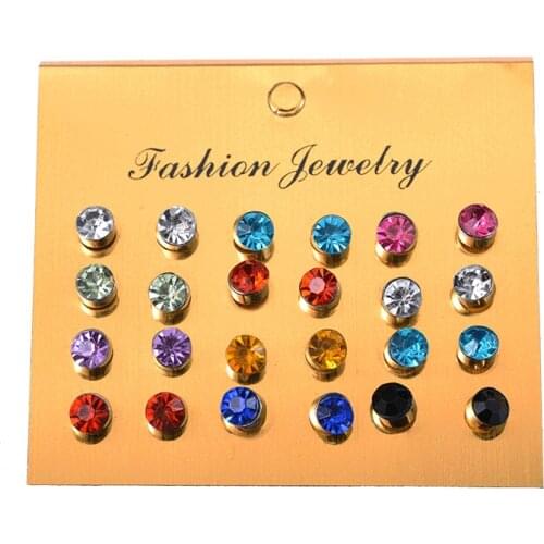 Explosion Models One Card Multi-color Small Fresh Color Shiny Zircon Small Earrings 12 Pairs Of Card Earrings Wholesale Brincos