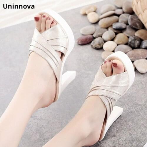 Peep Toe Cross Tie Pleated Platform Gold Silver Black Casual Slipper Outdoor Fashion Summer Shoes for Women Uninnova WSL04