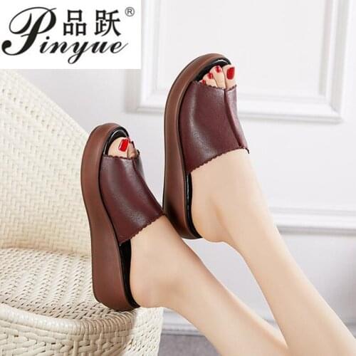 Women Slippers Summer 2020 Casual Shoes Genuine Leather Wedges Platform Slippers Women Sandals High Heel Slides