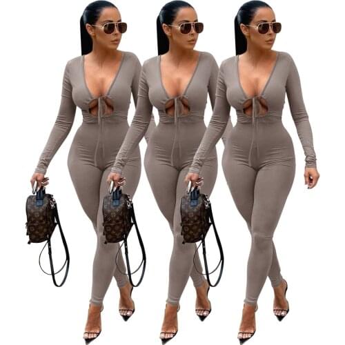 Charming Women Pants Jumpsuits 2021 Autumn Long Sleeves Slim Waist V Neck Lace Up Skinny Hollow Out Nightclub Party Rompers S-XL