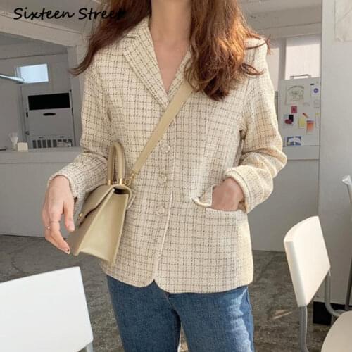 Blazer Women Autumn Vintage Mixed Tweed Lapel Button Long Sleeve Plaid Suit Coat Winter Clothes Women Korean Fashion Jacket