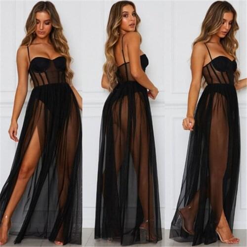 Fashion Sexy Women See-through Bodycon Spaghetti Strap Long Dress Elastic High Waist Party Summer Beach Bodysuit Sundress