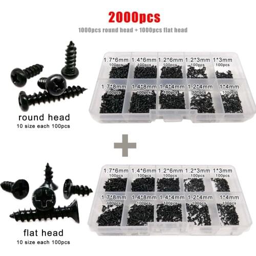 1400/2010pcs M1 M1.4 M2 M3 M4 Black Cross Phillips Pan Round Flat Countersunk Head Self-tapping Wood Screw Set Assortment Kit