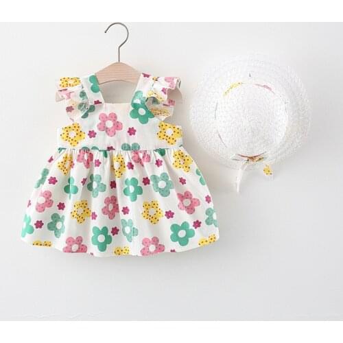 New Summer Baby Girl Dress Flower Girl Dresses 2pcs Ruffles Sleeveless Girls Dresses+hat Cute Princess Dress Baby Clothes 0-24M