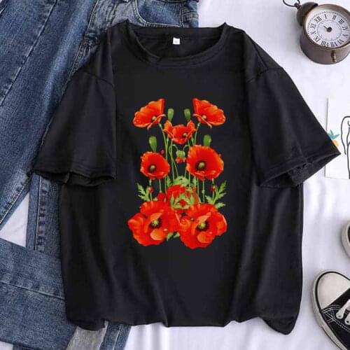 Red Poppy Women Print T Shirt Casual Funny Kawaii Tees Top Hipster Tumblr Female Harajuku Short Sleeves Clothes,Drop Ship
