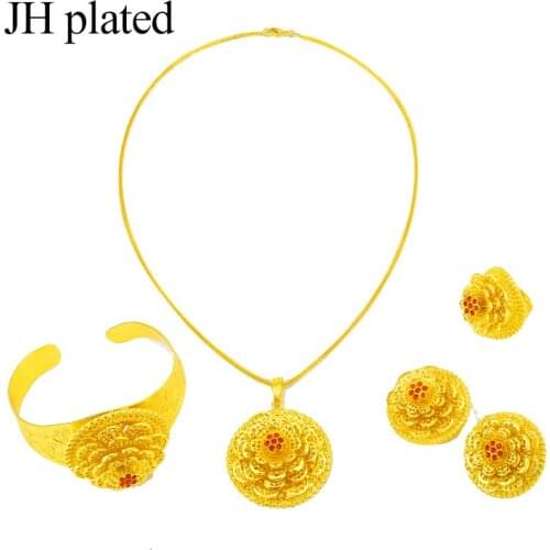 JHplated New Ethiopian Jewelry Set African Wedding Bride Set Necklace/Earring/Pendent/Ring Women