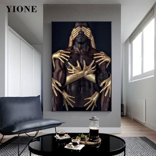 African Art Strong Black Man with Gold Hands Canvas Paintings Modern Wall Poster Picture Prints Home Decoration for Living Room
