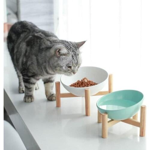 TECHOME Newest Design Pet Food Bowl Ceramic Cat Bowl With Wood Frame Bowl With Cross Frame Bevel Cat Bowl Pet Ceramic Bowl