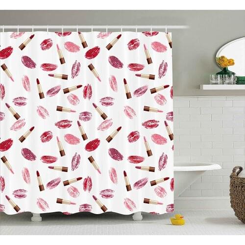 Cosmetics Shower Curtain Beauty Theme Pink and Burgundy Lipstick and Kiss Makeup Concept Bath Curtains for Bathroom Decor