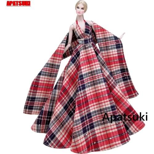 Red Plaid Fashion Wedding Dress for Barbie Doll Outfits Clothes Scarf Big Evening Dresses Party Gown 1/6 Accessories Kids Toys