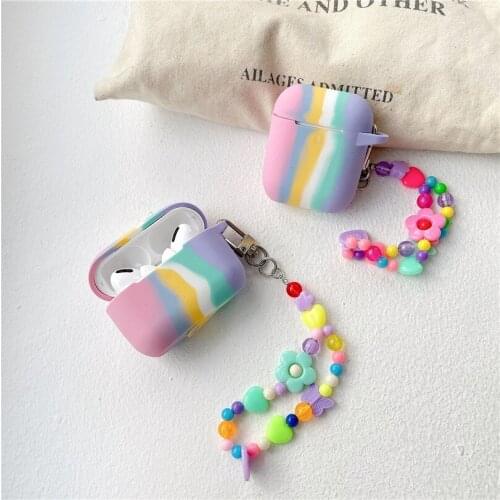 Creative Rainbow Color Case for Apple AirPods Pro 3 Earphone Soft Shell Protective Sleeve for Airpods 1 2 with Hanging Chain