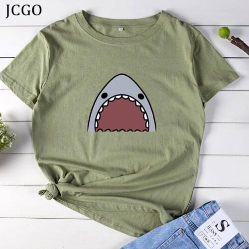 JCGO Summer T Shirt Women Plus Size S-5XL Cotton Cartoon Shark Print O-Neck Short Sleeve Fashion Casual Tee Tops Basic TShirts