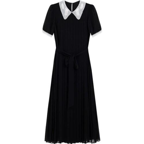 Embroidered Flare Gauze Sweet Peter Pan Collar Summer Female Dress Black Pleated Grace Knee-Length Long Skirt For Business Women