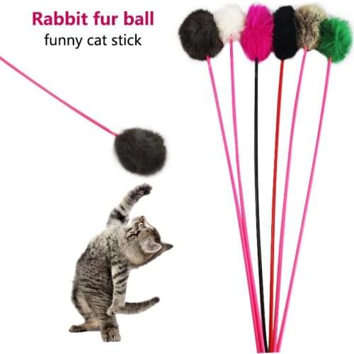 Natural Rabbit Fur for Cat Toys Lightweight Bell Ring Teaser Cat Stick Interactive Eco-Friendly Fur Ball Head Kitten Accessories