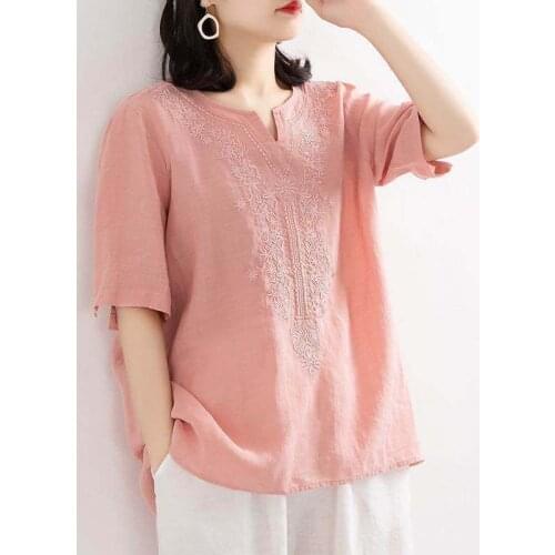 New Cotton Linen shirt Women Vintage Embroidered Short Sleeve Loose Casual femine Blouse Plus Size Simple Chic Tops 2020