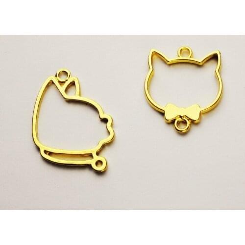 Cat with Bow Tie Open Bezel Charm Kawaii Kitty Deco Frame for UV Resin Filling Pet Jewelry DIY Setting Golden Cabochon Setting