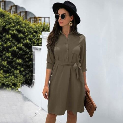 2021 Autumn Shirt Dress Women Half Sleeve Midi Party Dress Ladies Fashion Button Dress For Women Black