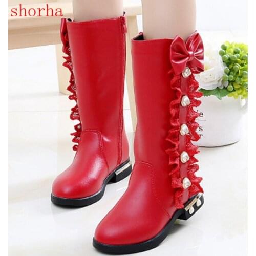 2018 autumn and winter girls snow boots childrens boots big childrens bow high leather boots plus velvet lace