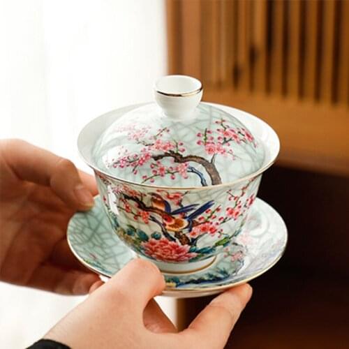 Popular Enamel Ceramic Cover Bowl Household Large Tea Bowl Chinese Tea Set Cover Bowl Pu'er Tea Bowl Tea Ceremony Accessories