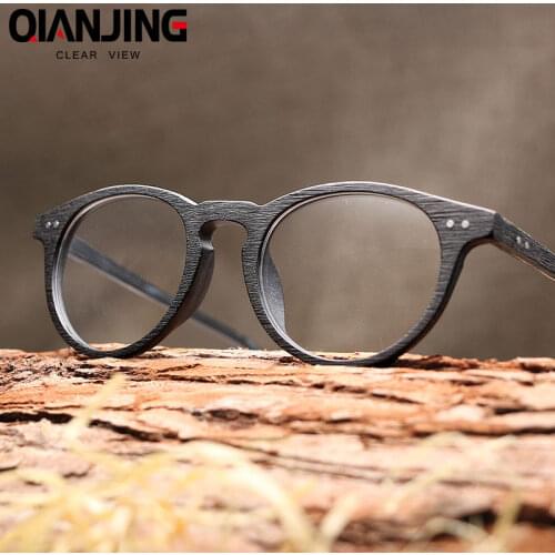 QianJing Mens Eyeglasses Frames Wooden Retro Round Glasses Frame for Women Wood Eyewear Optical Plain Glasses With Clear Lens